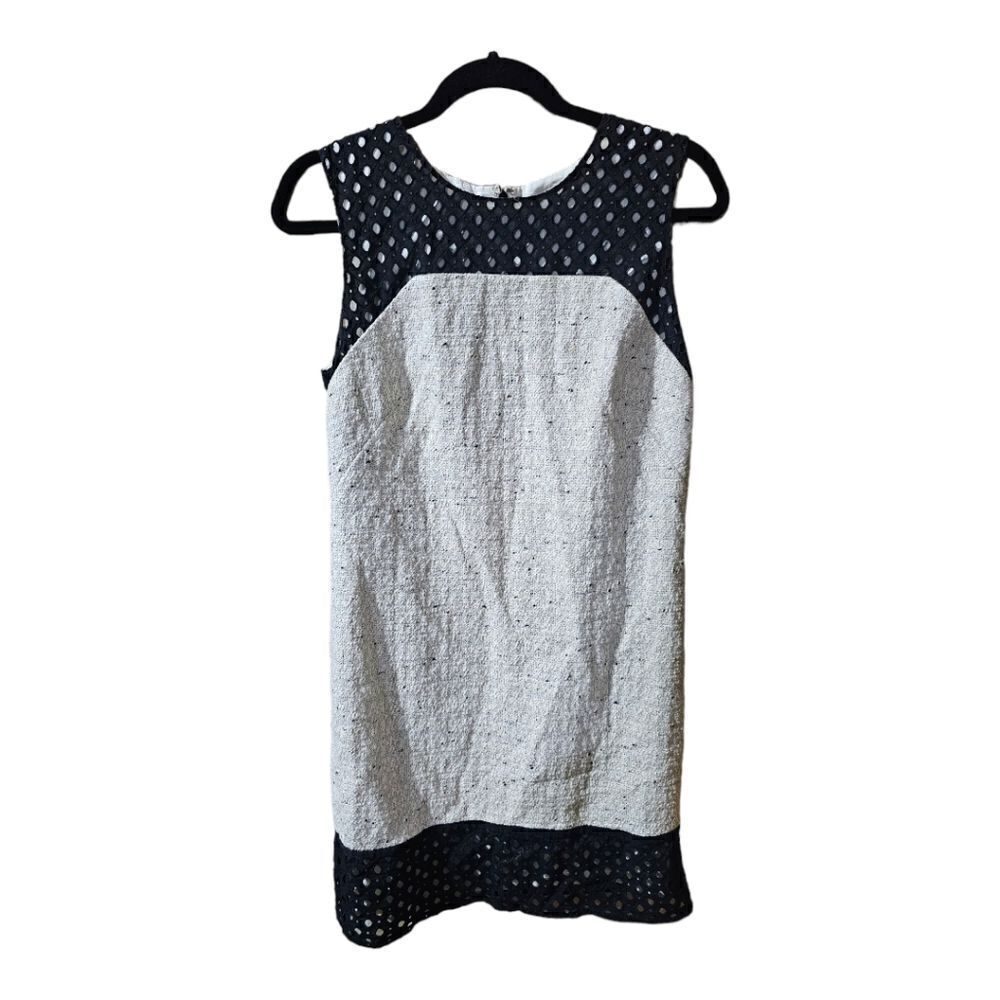 ANN TAYLOR Tweed Eyelet Trim Cream Black Shift Dress - Size 8